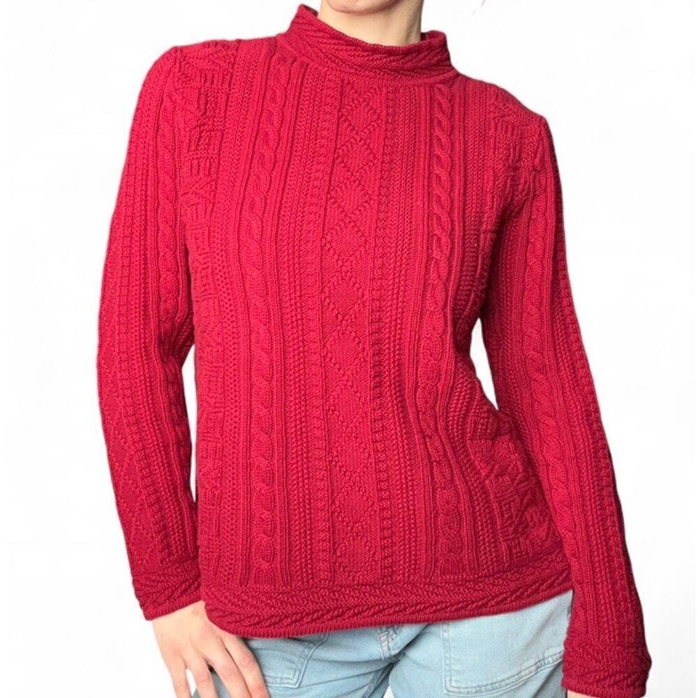 Vintage LL Bean Women’s Cableknit Mock Neck Sweater Red 100% Cotton Medium